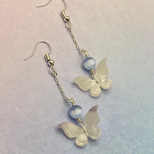 Mother of pearl butterfly drop earrings with selenite