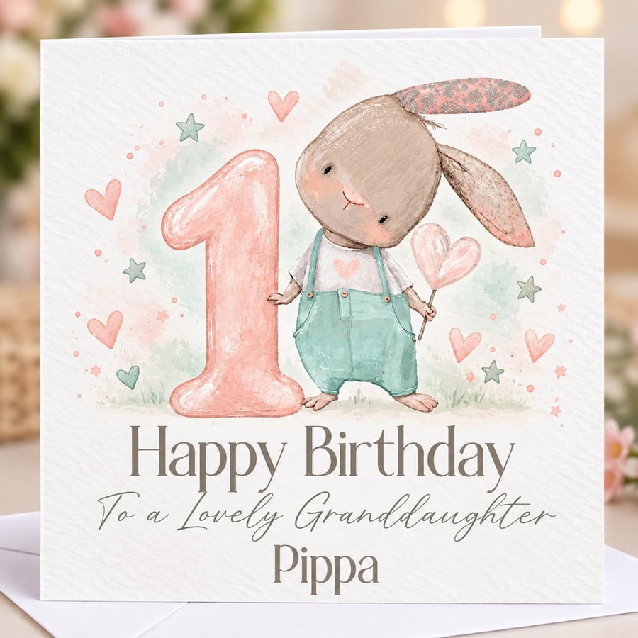 Personalised 1st Birthday Card, Cute Bunny Rabbit, First Birthday Card for Girl
