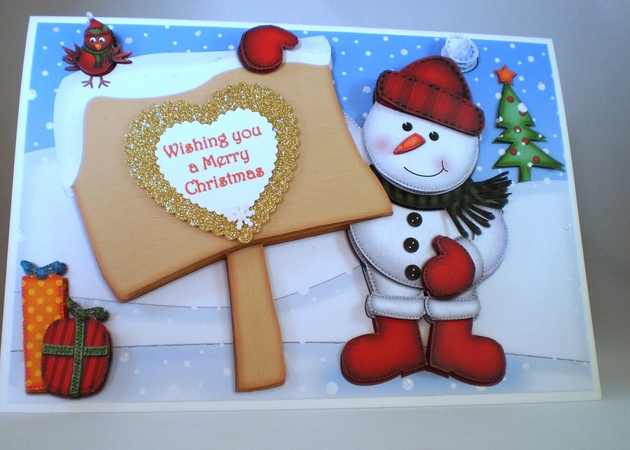 Handmade Snowman Christmas  Card,personalise,decoupage,3D