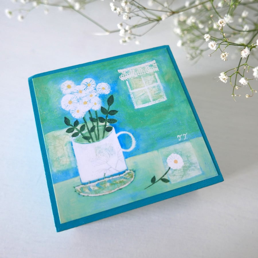 Still Life Art Print, White Flowers Painting, Turquoise Jewellery Box