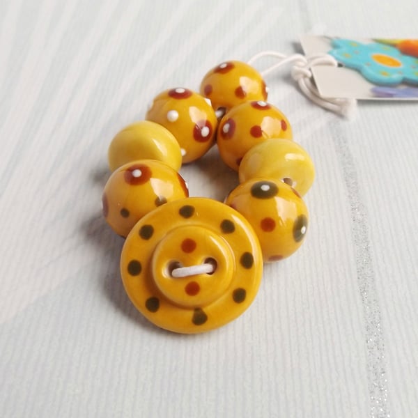Set of 7 ceramic beads with a Button Clasp, Sunshine Yellow Earthenware Bead Set