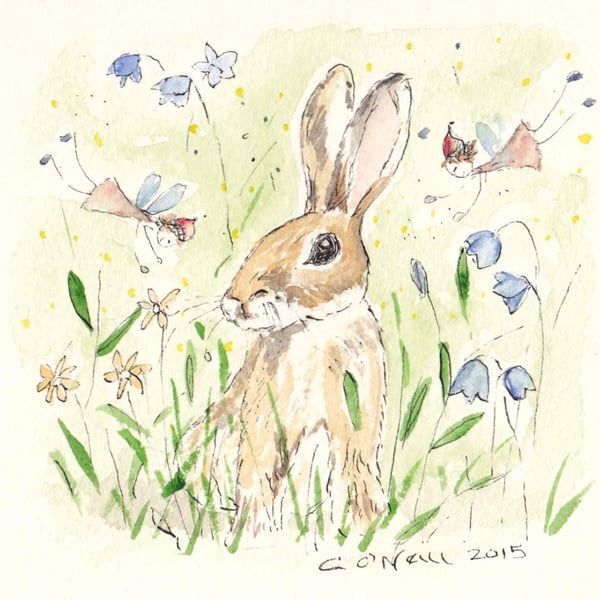 Original Ink and watercolour - Hare and Fairies - Minature Art