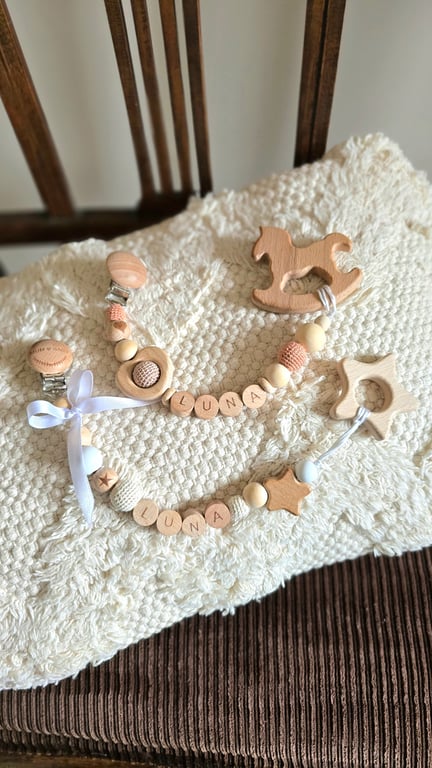 Personalised baby dummy pacifier clip or teething toy clip, natural wood cream