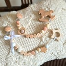 Personalised baby dummy pacifier clip or teething toy clip, natural wood cream