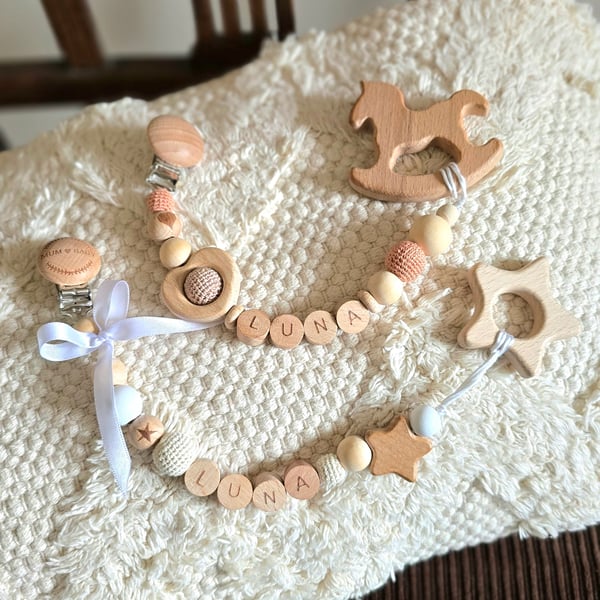 Personalised baby dummy pacifier clip or teething toy clip, natural wood cream
