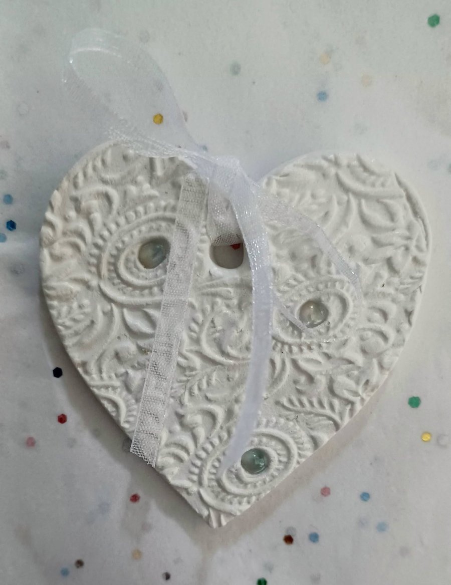 Handmade Embossed Clay Heart with Angel Aura Beads