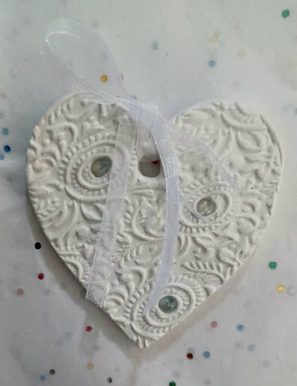 Handmade Embossed Clay Heart with Angel Aura Beads