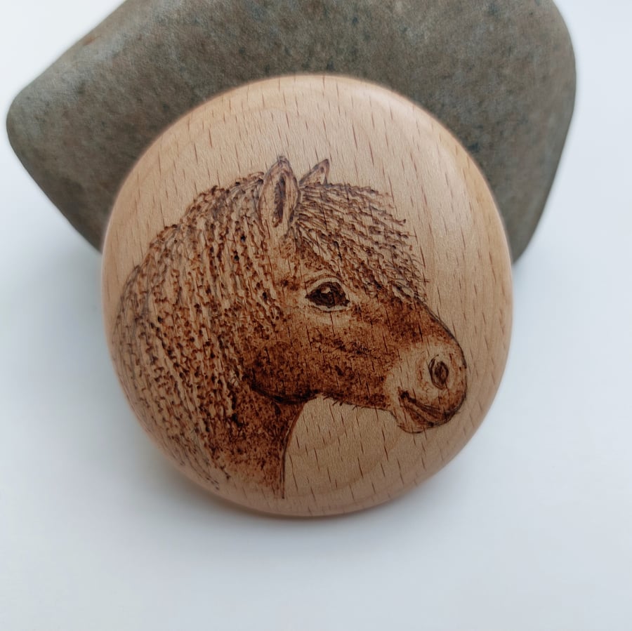 Exmoor pony pyrography wooden pebble 