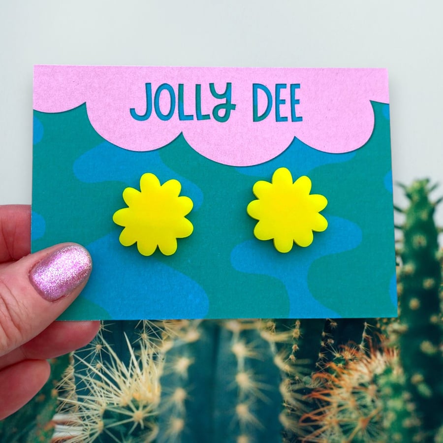 Yellow flower studs, handmade colourful earrings for her, a fun plant lover gift