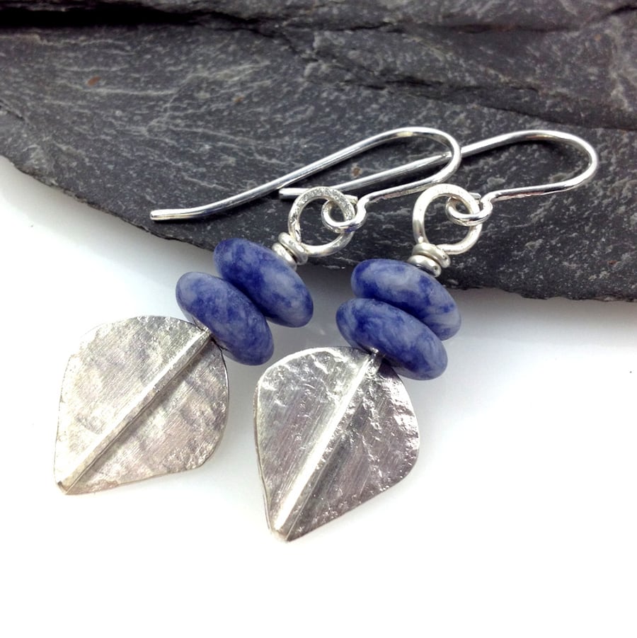 Silver and blue sodalite leaf spear earrings