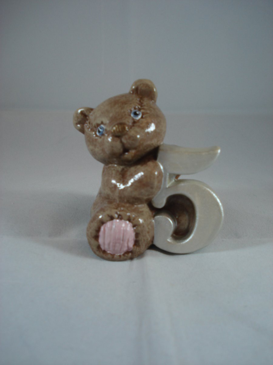 Ceramic Hand Painted Small Brown Bear Number Five Figurine Animal Ornament.