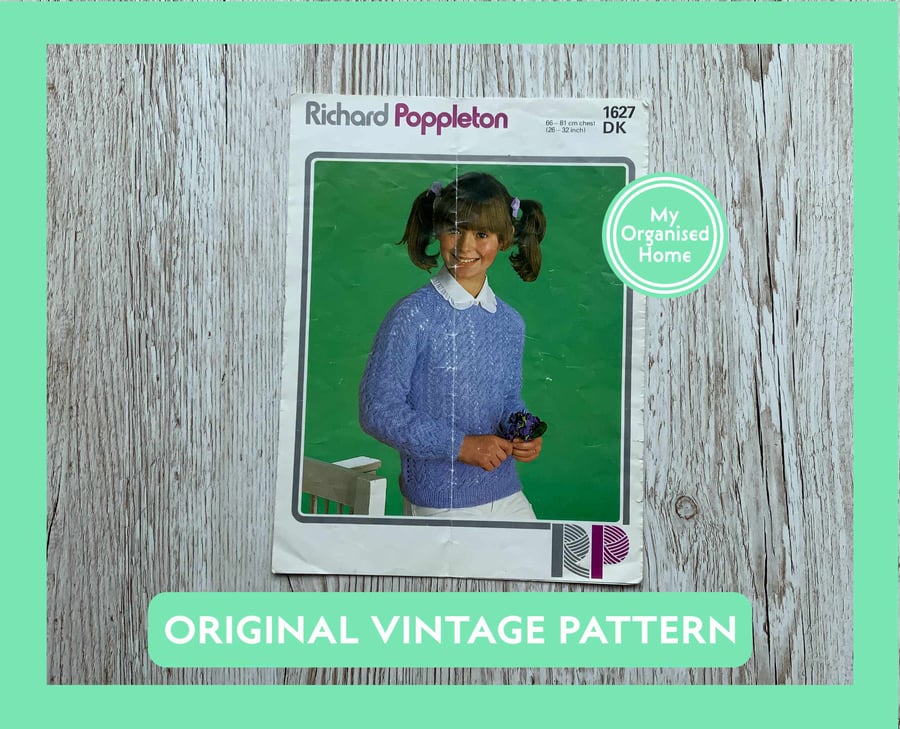 Richard Poppleton 1627 vintage sleeveless pullover knitting pattern, 1980s, ORIG