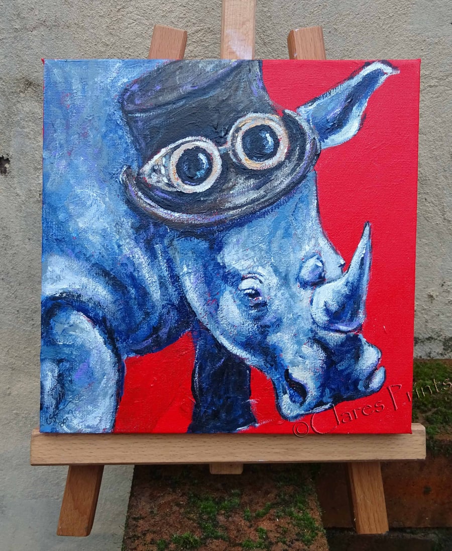Steampunk Rhino Original Art Acrylic Painting on Canvas OOAK Retro 