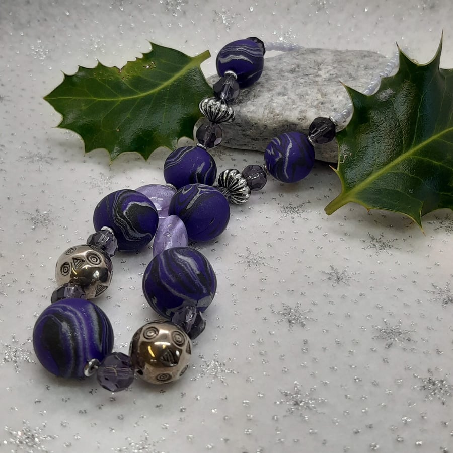 Elegant purple, black and silver polymer clay necklace
