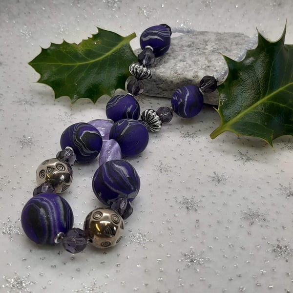 Elegant purple, black and silver polymer clay necklace