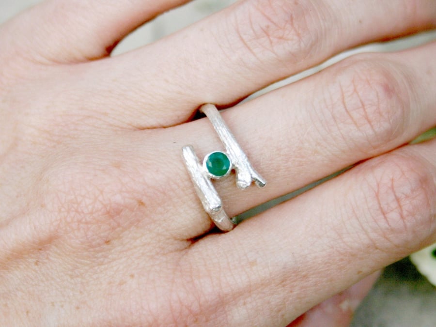 Handmade Green Agate Silver Branch Ring