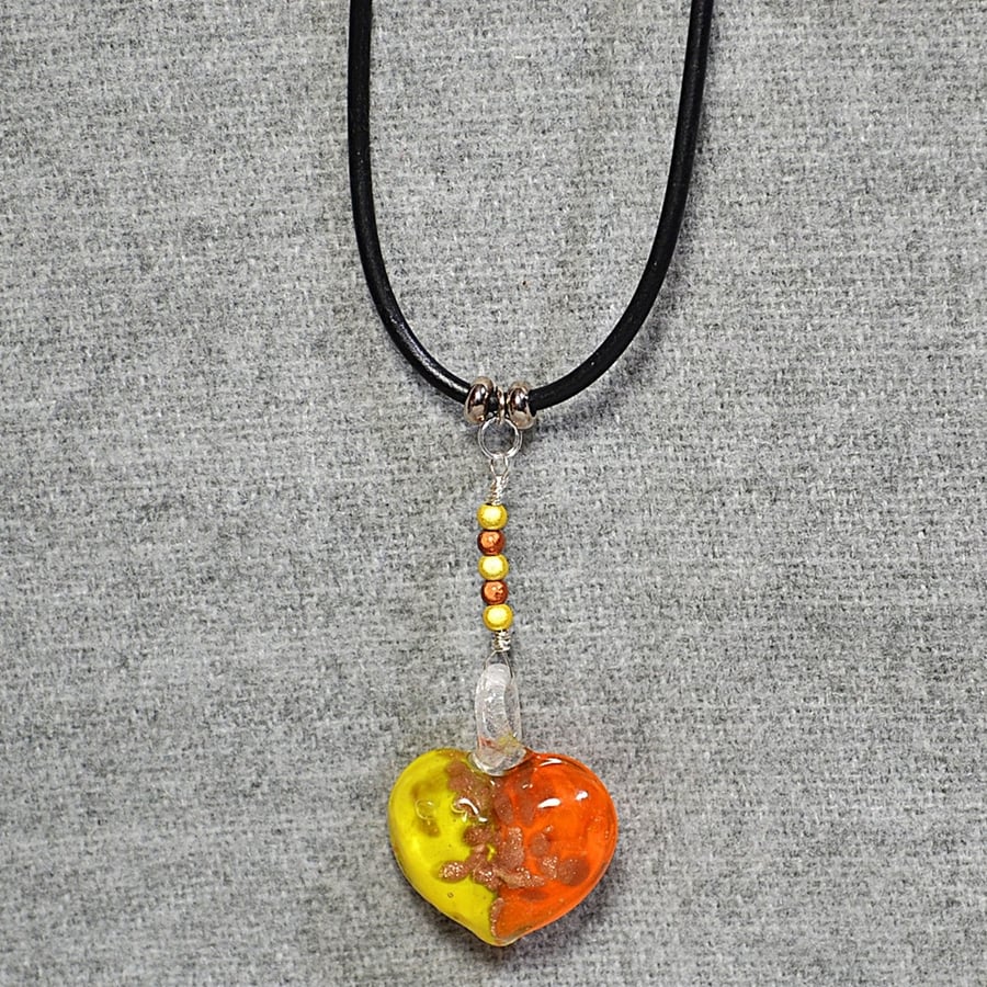 Orange and Yellow Glass Heart Pendant and Miracle Beads Short Rubber Necklace 