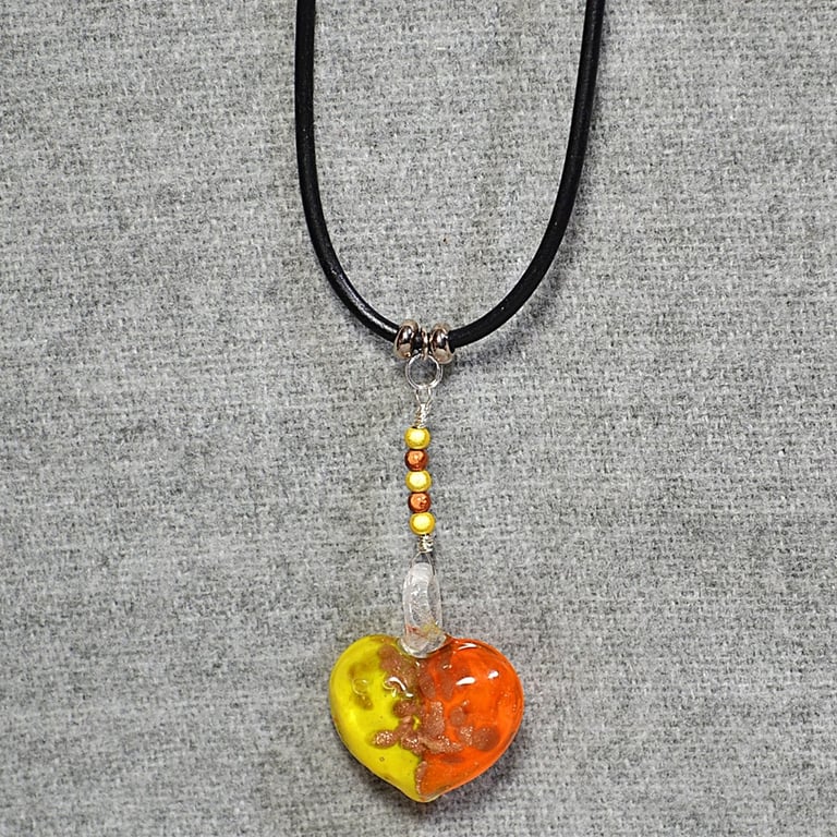 Orange and Yellow Glass Heart Pendant and Miracle Beads Short Rubber Necklace 
