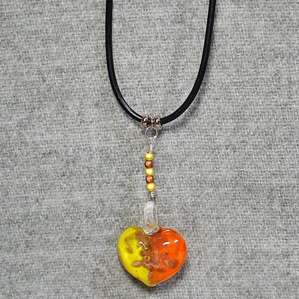 Orange and Yellow Glass Heart Pendant and Miracle Beads Short Rubber Necklace 