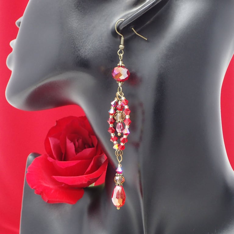 Red Beaded Long Dangle Statement Earrings with Sparkly Crystals, Vintage Style 
