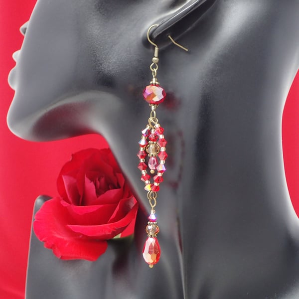 Red Beaded Long Dangle Statement Earrings with Sparkly Crystals, Vintage Style 