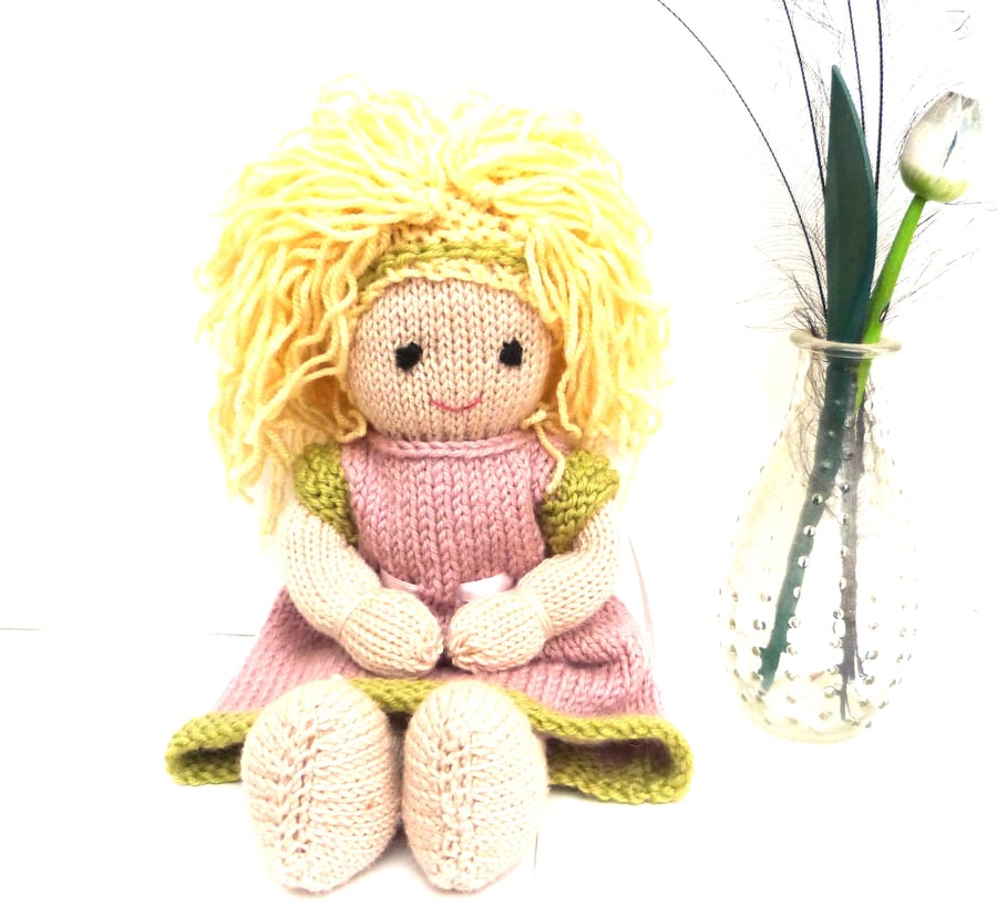Hand Knitted Doll  12" Wool Doll with Blonde Hair & Removable Dress