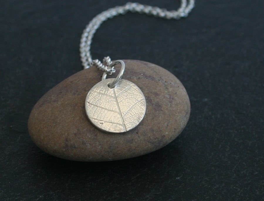 Eco Silver (fine recycled silver) Circle Pendant With Leaf Pattern
