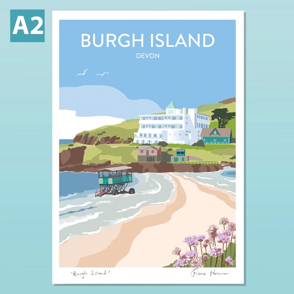 Burgh Island poster A2, Devon, retro style travel print