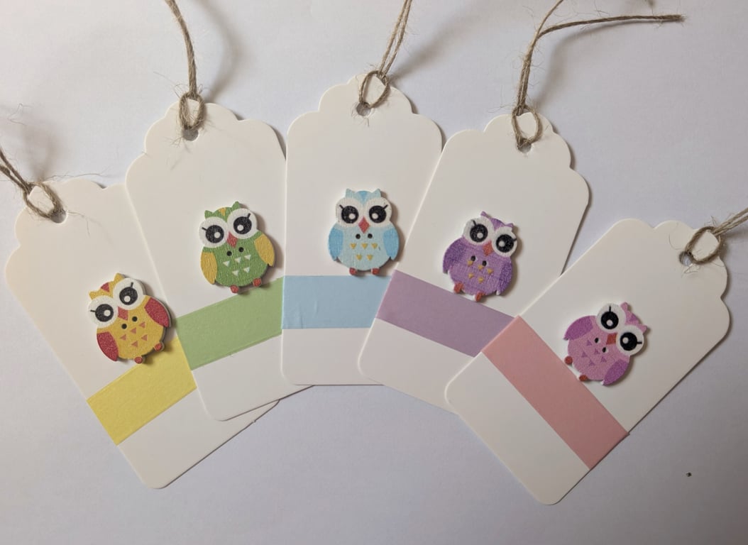 Homemade gift tags made with buttons in packs of 5 - owls