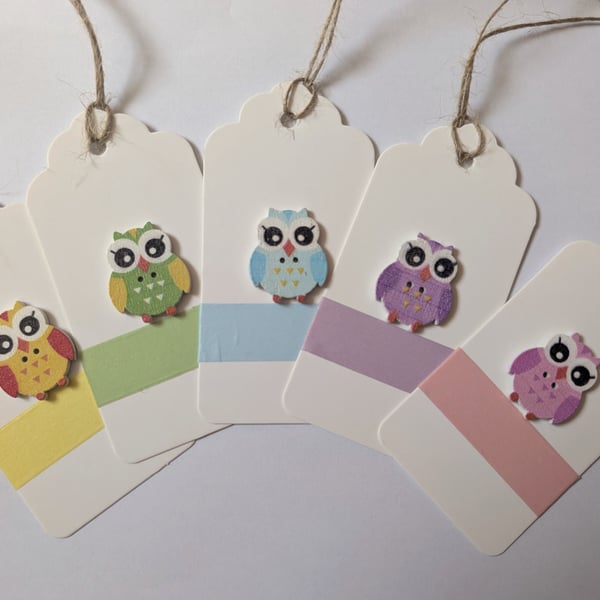 Homemade gift tags made with buttons in packs of 5 - owls