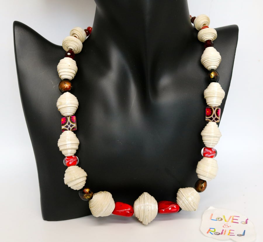 Cream necklace made with paper beads and preloved pretty unusual beads