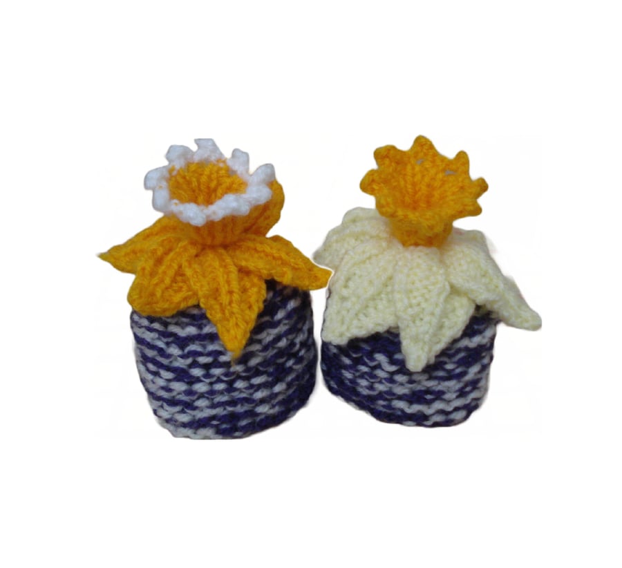 Pair Of Hand Knitted Egg Cosies With Daffodils Orange, Yellow And White (R902)