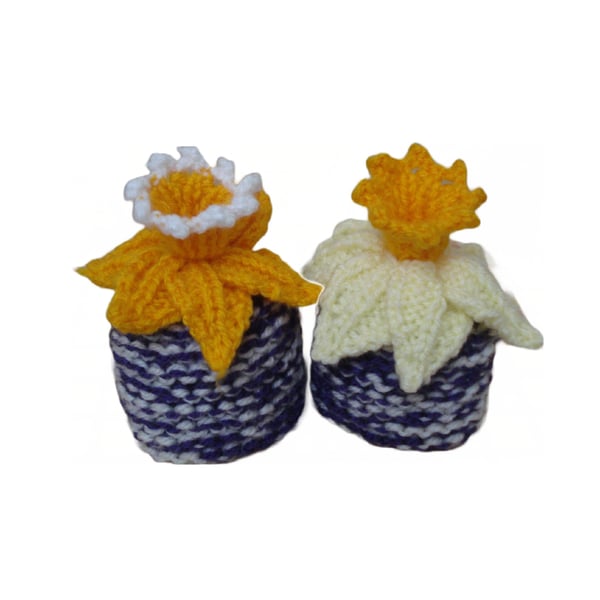 Pair Of Hand Knitted Egg Cosies With Daffodils Orange, Yellow And White (R902)