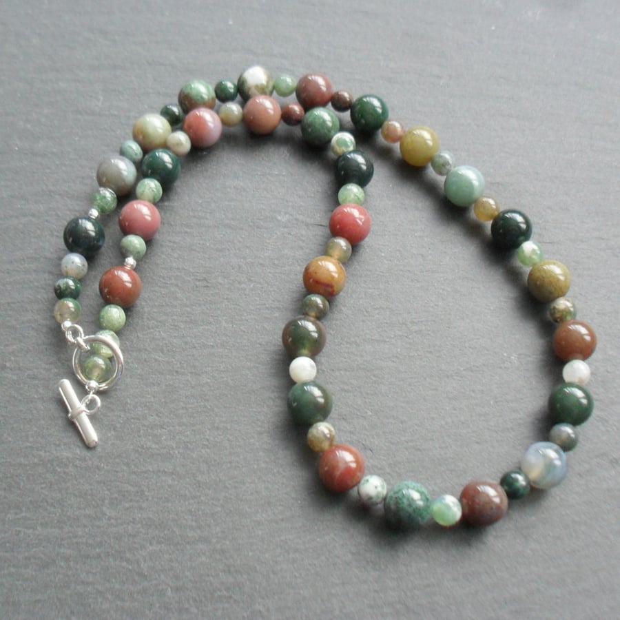 Fancy Jasper Beaded Necklace Silver Plate