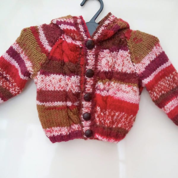 Baby's Hand Knitted Hooded Cabled Jacket, New Baby Gift, Baby Shower Gift