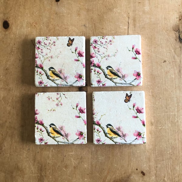 Set of Four Bird Natural Stone Coasters, Floral Coasters, Bird Coasters, Bird Gi