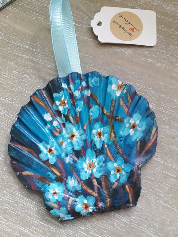'Blue forget me knots' Handpainted king scallop shell wall art.  