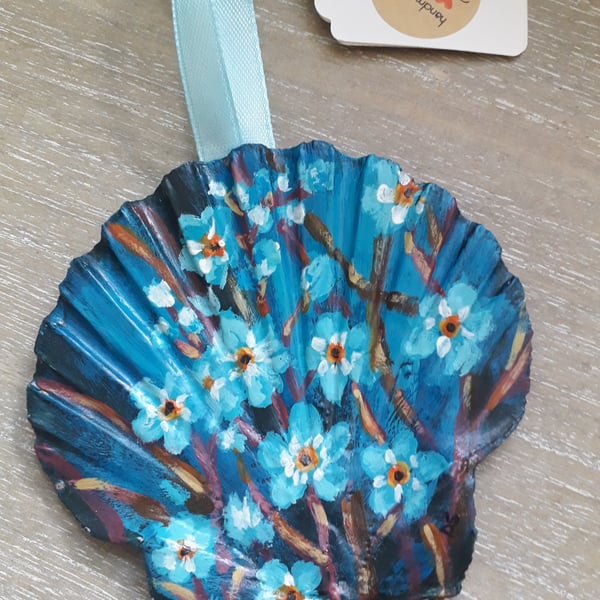 'Blue forget me knots' Handpainted king scallop shell wall art.  