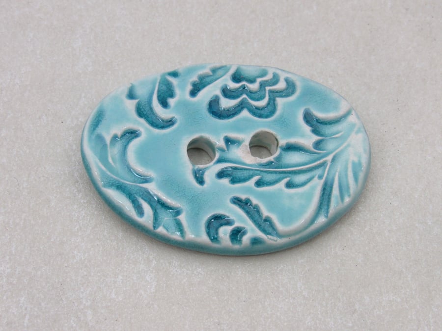 Large Aqua Blue Brocade Oval Handmade Ceramic Button