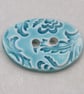 Large Aqua Blue Brocade Oval Handmade Ceramic Button - Image 1