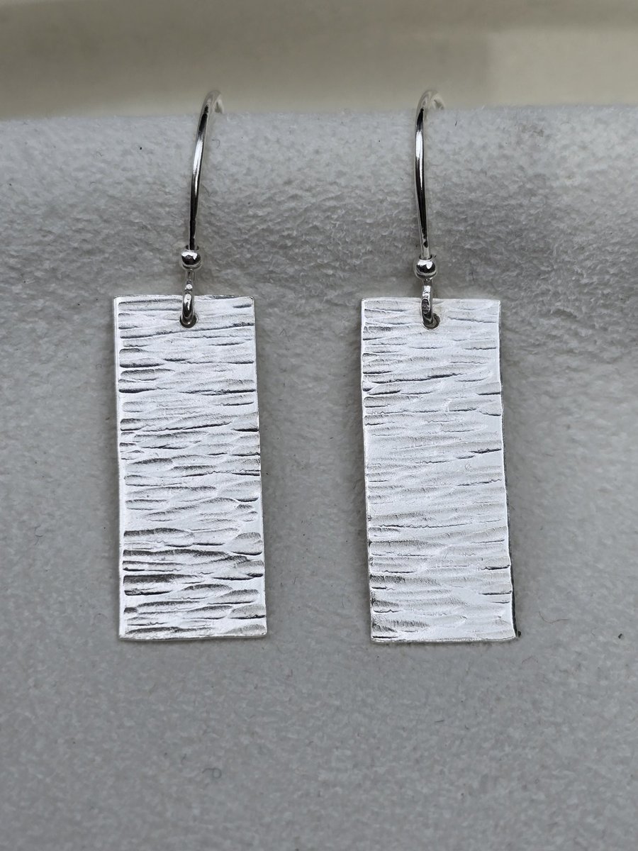 Recycled Sterling Silver Long Rectangular Drop Earrings Hammered Textured
