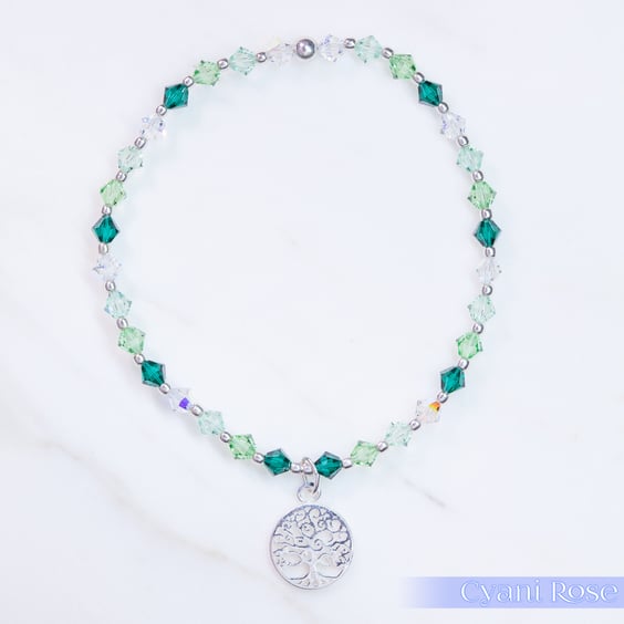 Bracelet swarovski and sterling silver tree of life beaded charm 