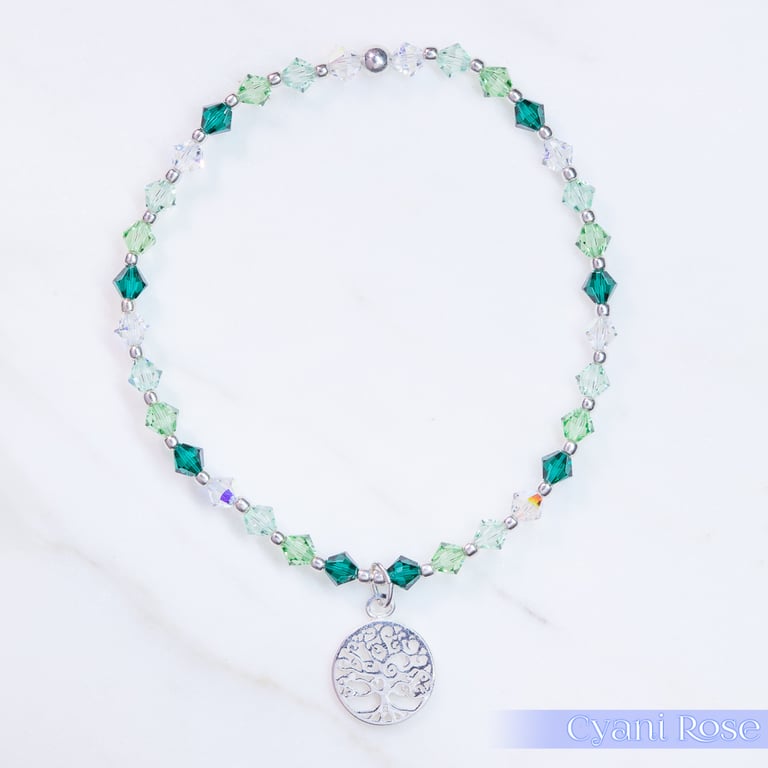 Bracelet swarovski and sterling silver tree of life beaded charm 