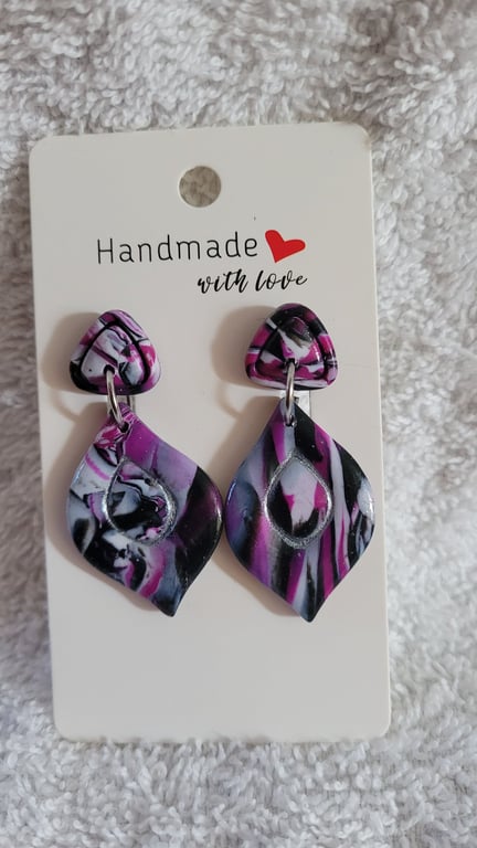 Handmade Polymer Clay Black, Purple and White Earrings. 316 Stainless Steel