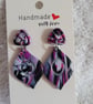 Handmade Polymer Clay Black, Purple and White Earrings. 316 Stainless Steel