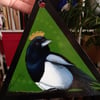 Mystical magpie oil painting on triangular panel