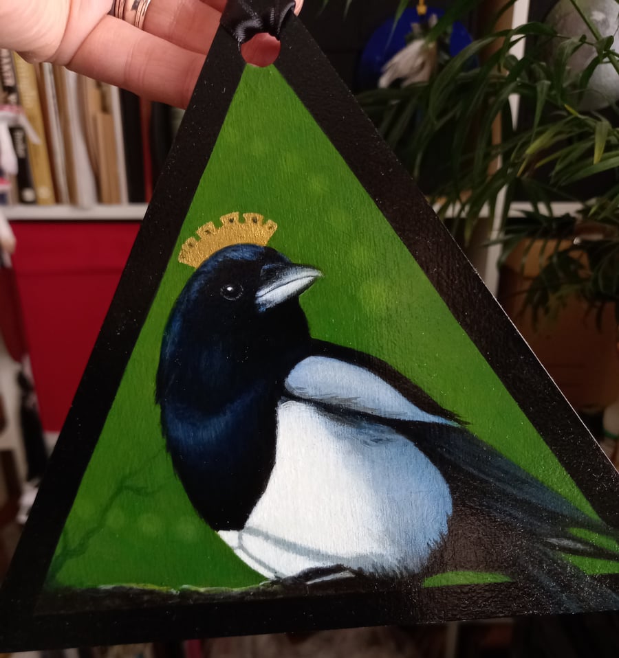 Mystical magpie oil painting on triangular panel