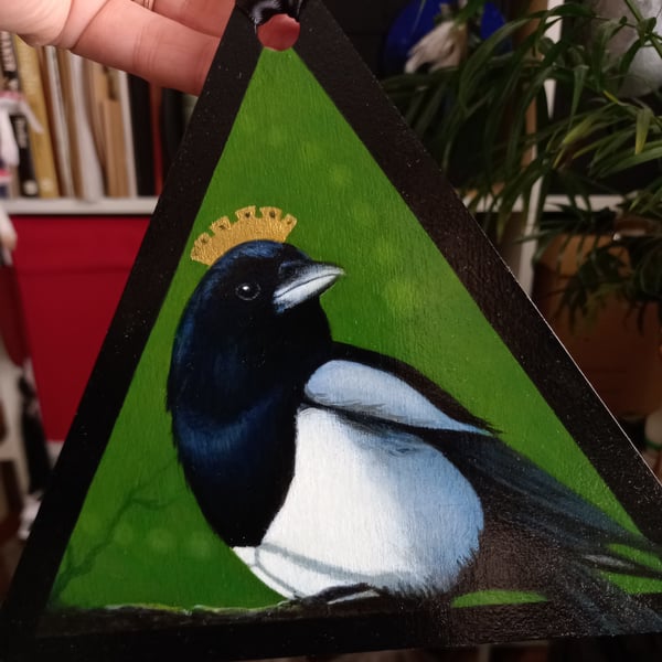 Mystical magpie oil painting on triangular panel