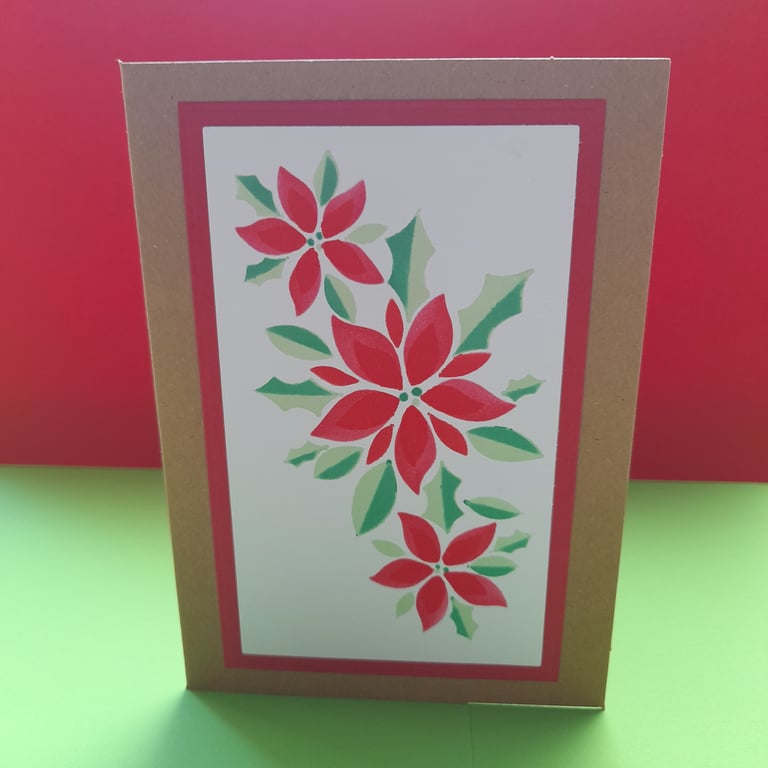 Poinsettia & Holly Christmas Card - Traditional Green & Red - Handmade