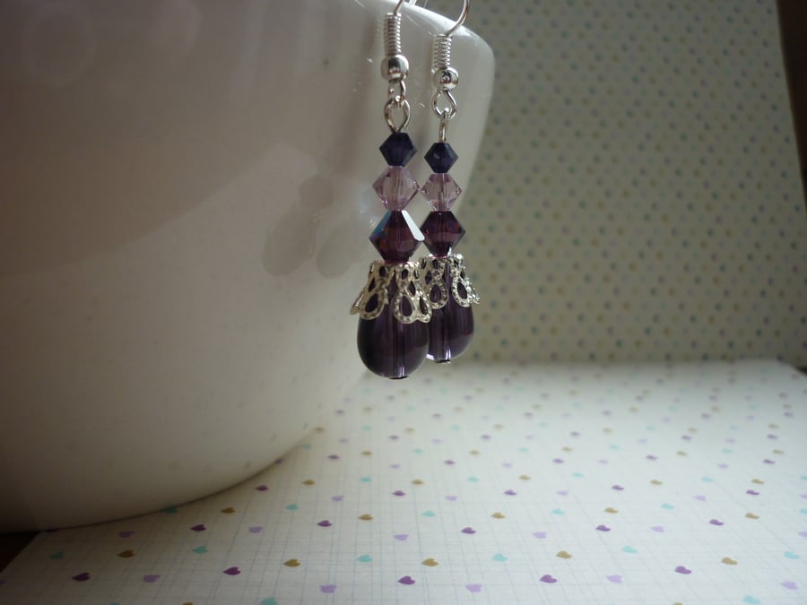 SHADES OF DARK LILAC, PURPLE, PINK  AND SILVER DANGLE EARRINGS.